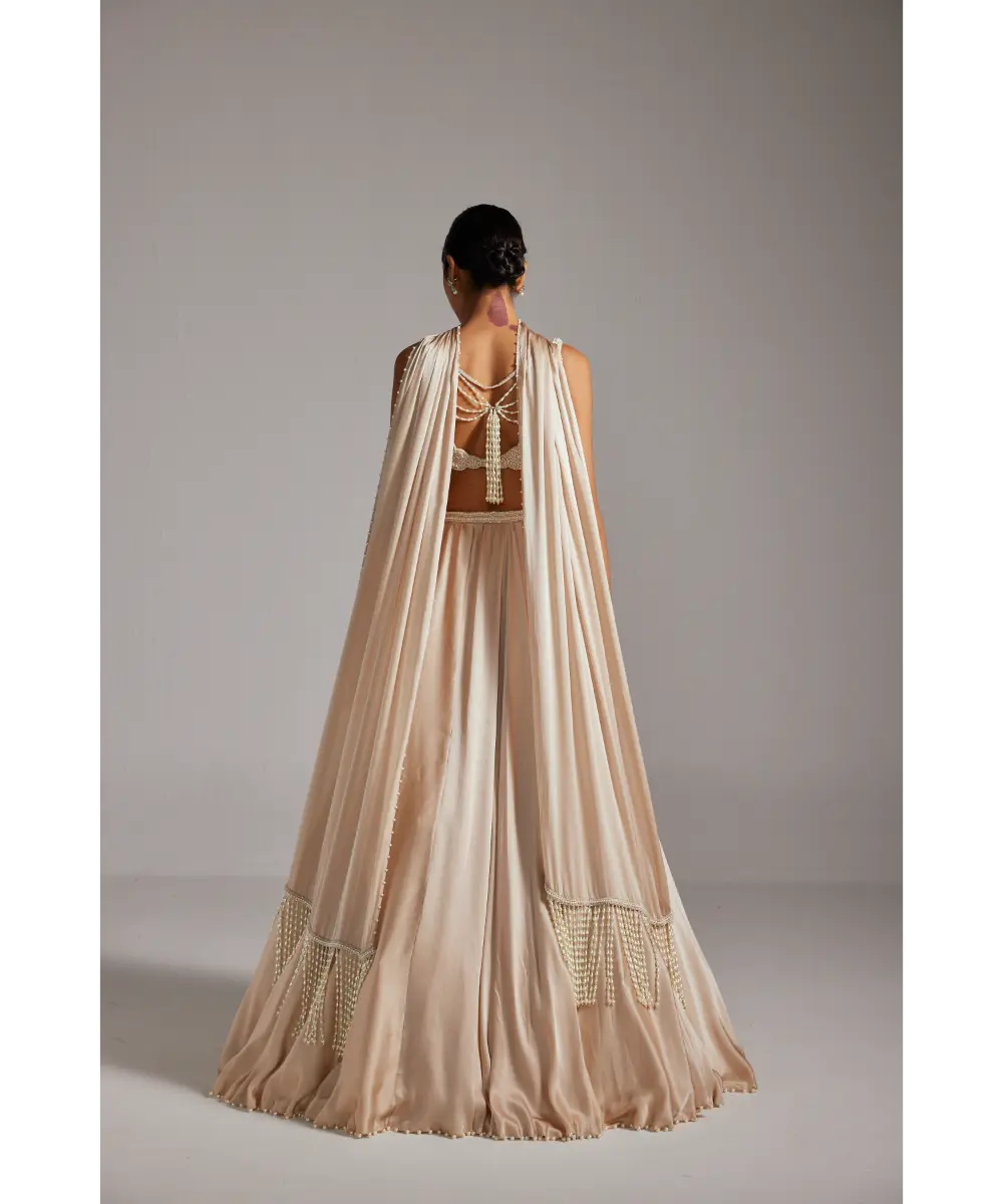 VVANI VATS- Light Beige V Neck Satin skirt Set